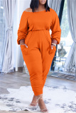 Orange Fashion Casual Solid Pocket Oblique Collar Regular Jumpsuits