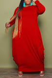 Tangerine Red Casual Solid Patchwork O Neck Irregular Dress Plus Size Dresses