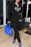 Black Fashion Casual Letter Embroidery Zipper Turndown Collar Long Sleeve Two Pieces
