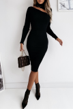 Black Fashion Elegant Solid Hollowed Out Patchwork Half A Turtleneck Pencil Skirt Dresses