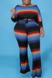Black Casual Striped Print Patchwork O Neck Plus Size Two Pieces