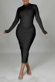 Black Casual Solid Split Joint Half A Turtleneck One Step Skirt Dresses