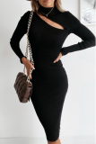 Black Fashion Elegant Solid Hollowed Out Patchwork Half A Turtleneck Pencil Skirt Dresses