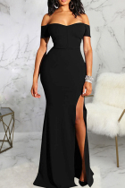 Black Fashion Sexy Solid Backless Slit Off the Shoulder Evening Dress
