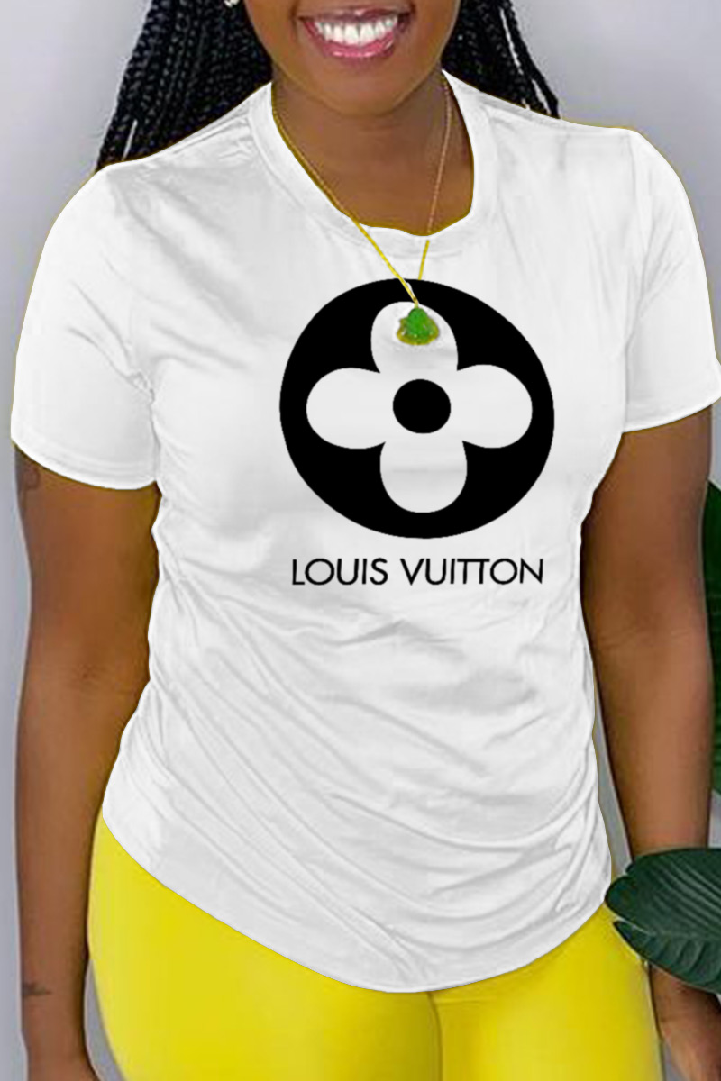 

White Fashion Casual Print Letter O Neck T-Shirts