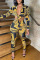 Yellow Sexy Print Bandage Split Joint Turndown Collar Long Sleeve Two Pieces