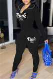 Black Fashion Casual Letter Embroidery Zipper Turndown Collar Long Sleeve Two Pieces