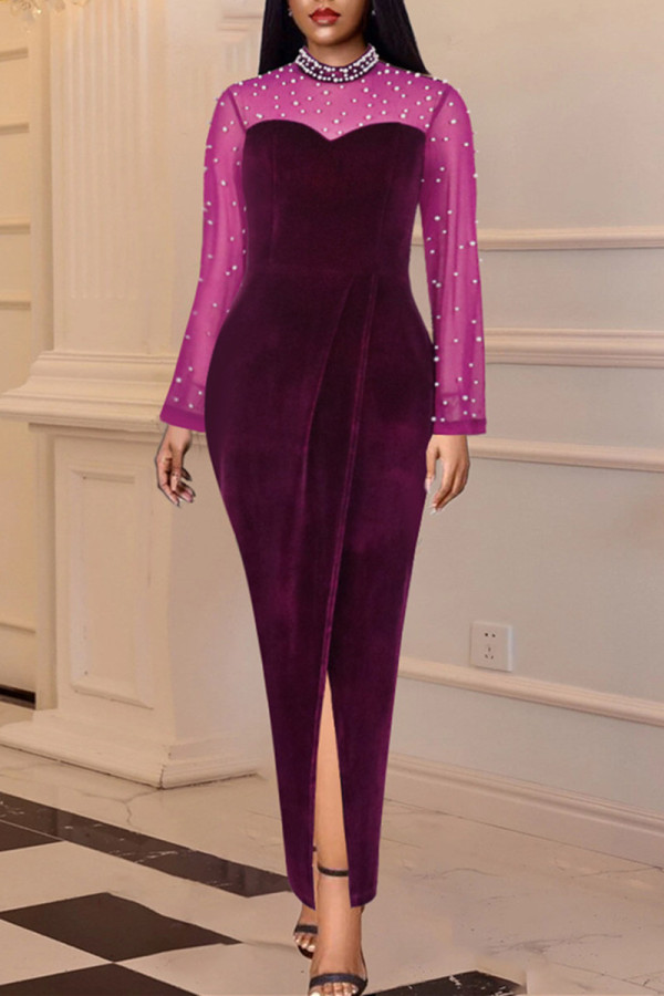 Purple Fashion Sexy Patchwork Slit Beading Half A Turtleneck Long Sleeve Dresses