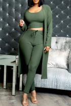Army Green Fashion Casual Solid Cardigan Vests Pants O Neck Long Sleeve Three-piece Set