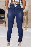 Deep Blue Street Solid Hollowed Out Patchwork Metal Accessories Decoration High Waist Skinny Denim Jeans
