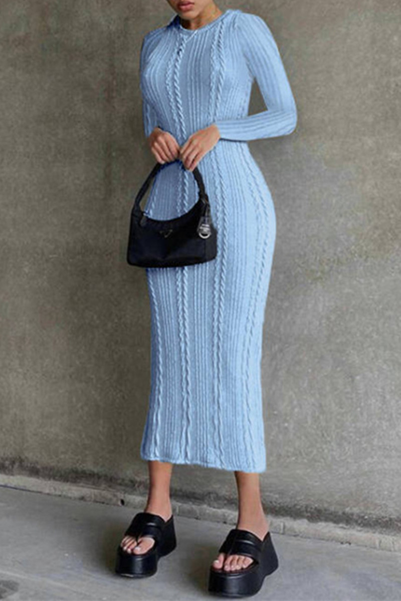 

Sky Blue Fashion Casual Solid Basic O Neck Long Sleeve Dresses