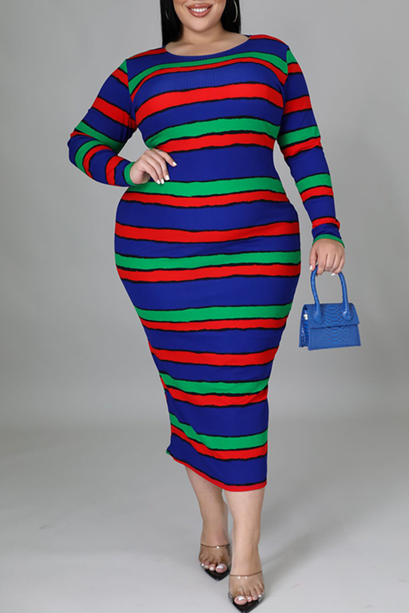 

Dark Blue Fashion Casual Striped Print Basic O Neck Long Sleeve Plus Size Dresses