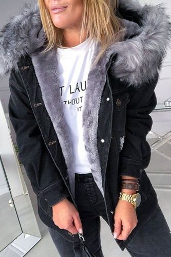 Black Street Ripped Make Old Patchwork Buckle Hooded Collar Long Sleeve Straight Denim Jacket