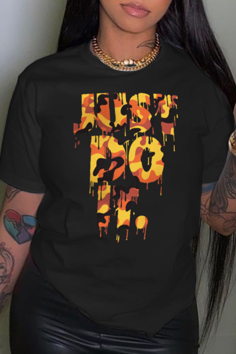 

Black Casual Daily Print Split Joint O Neck T-Shirts