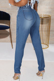 Medium Blue Street Solid Hollowed Out Patchwork Metal Accessories Decoration High Waist Skinny Denim Jeans