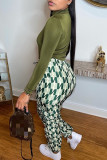 Green Fashion Casual Print With Belt Regular High Waist Trousers