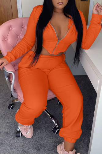 Tangerine Red Casual Solid Patchwork Zipper Collar Long Sleeve Two Pieces