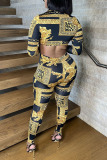 Yellow Sexy Print Bandage Patchwork Turndown Collar Long Sleeve Two Pieces