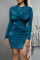 Blue Celebrities Solid Split Joint Fold O Neck Long Sleeve Two Pieces