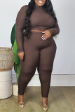 Dark Brown Fashion Casual Solid Basic O Neck Plus Size Two Pieces