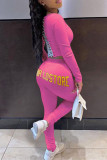 Rose Red Fashion Casual Letter Print Bandage O Neck Long Sleeve Two Pieces