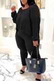 Black Casual Solid Patchwork O Neck Plus Size Two Pieces