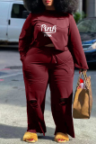 Burgundy Fashion Casual Letter Print Ripped O Neck Plus Size Two Pieces