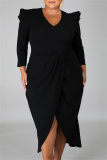Black Fashion Casual Solid Patchwork V Neck Long Sleeve Plus Size Dresses