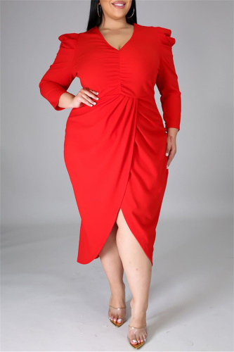 Red Fashion Casual Solid Patchwork V Neck Long Sleeve Plus Size Dresses