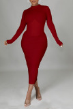 Red Casual Solid Split Joint Half A Turtleneck One Step Skirt Dresses