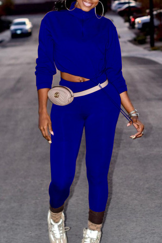 Blue Casual Solid Patchwork Zipper Collar Long Sleeve Two Pieces(Without Belt)
