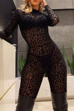 Black Fashion Sexy Leopard See-through Half A Turtleneck Skinny Jumpsuits
