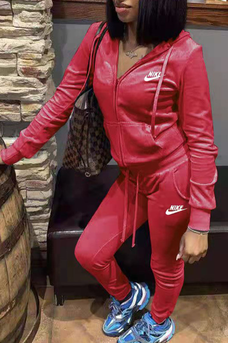 Red Fashion Casual Print Split Joint Hooded Collar Long Sleeve Two Pieces