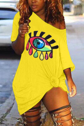 Yellow Sexy Fashion adult Cap Sleeve Short Sleeves O neck A-Line Mini eye Patchwork Print Club D