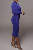 Blue Fashion Casual Solid Hollowed Out Turtleneck Long Sleeve Dresses