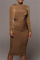 Brownness Fashion Casual Solid Hollowed Out Turtleneck Long Sleeve Dresses