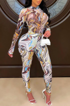Colour Sexy Print Split Joint O Neck Long Sleeve Two Pieces