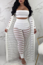 White Fashion Casual Striped Split Joint See-through Plus Size Three-piece Set