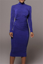 Blue Fashion Casual Solid Hollowed Out Turtleneck Long Sleeve Dresses