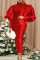 Red Fashion Casual Solid Basic Turtleneck Long Sleeve Evening Dress