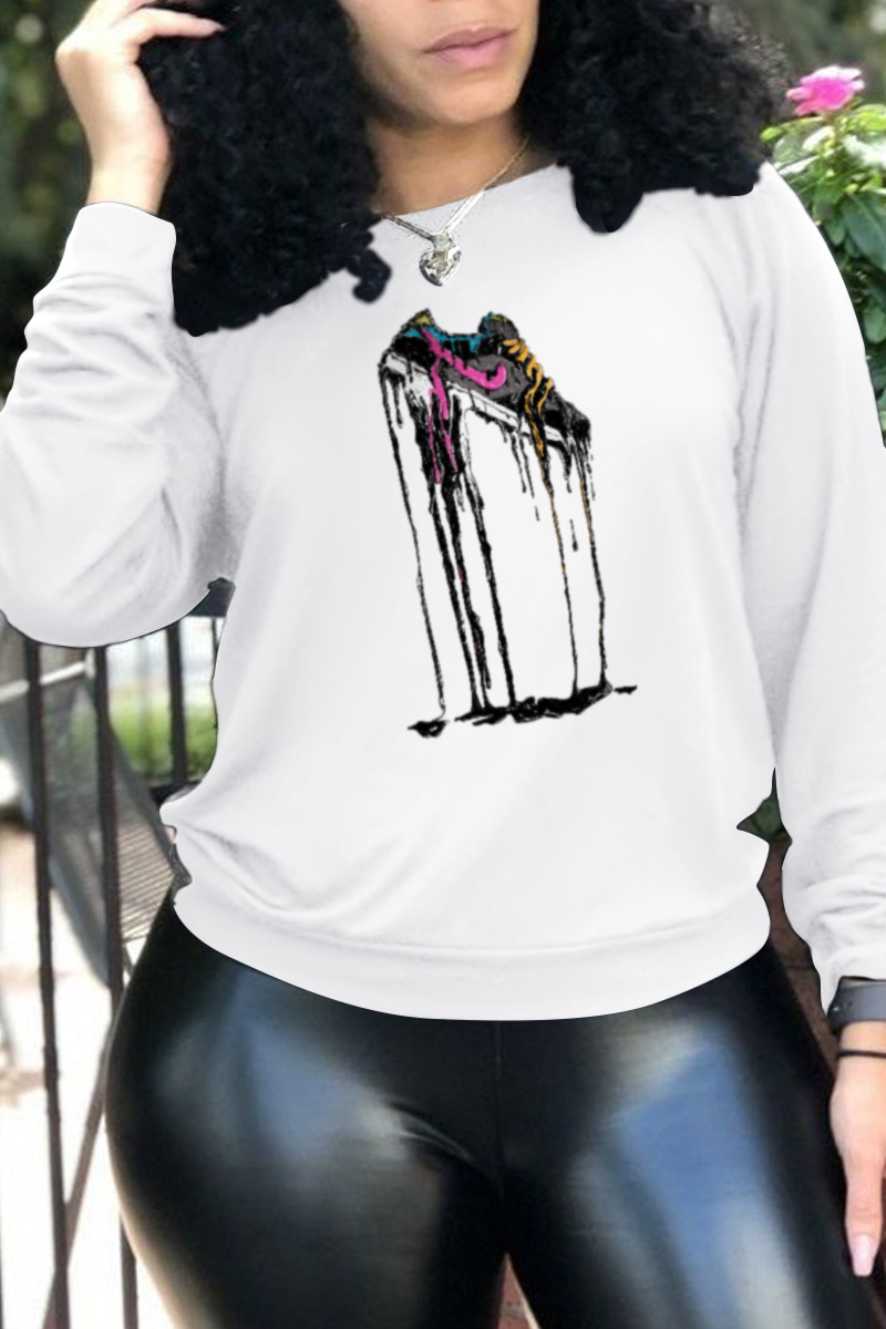 

White Fashion Sportswear Print Split Joint O Neck Tops