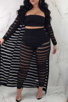Black Fashion Casual Striped Split Joint See-through Plus Size Three-piece Set