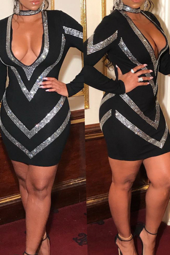 Black Sexy Long Sleeves V Neck Hip skirt skirt Patchwork diamonds Club Dresses