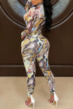 Colour Sexy Print Patchwork O Neck Long Sleeve Two Pieces
