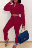 Burgundy Fashion Casual Solid Basic Turndown Collar Long Sleeve Two Pieces