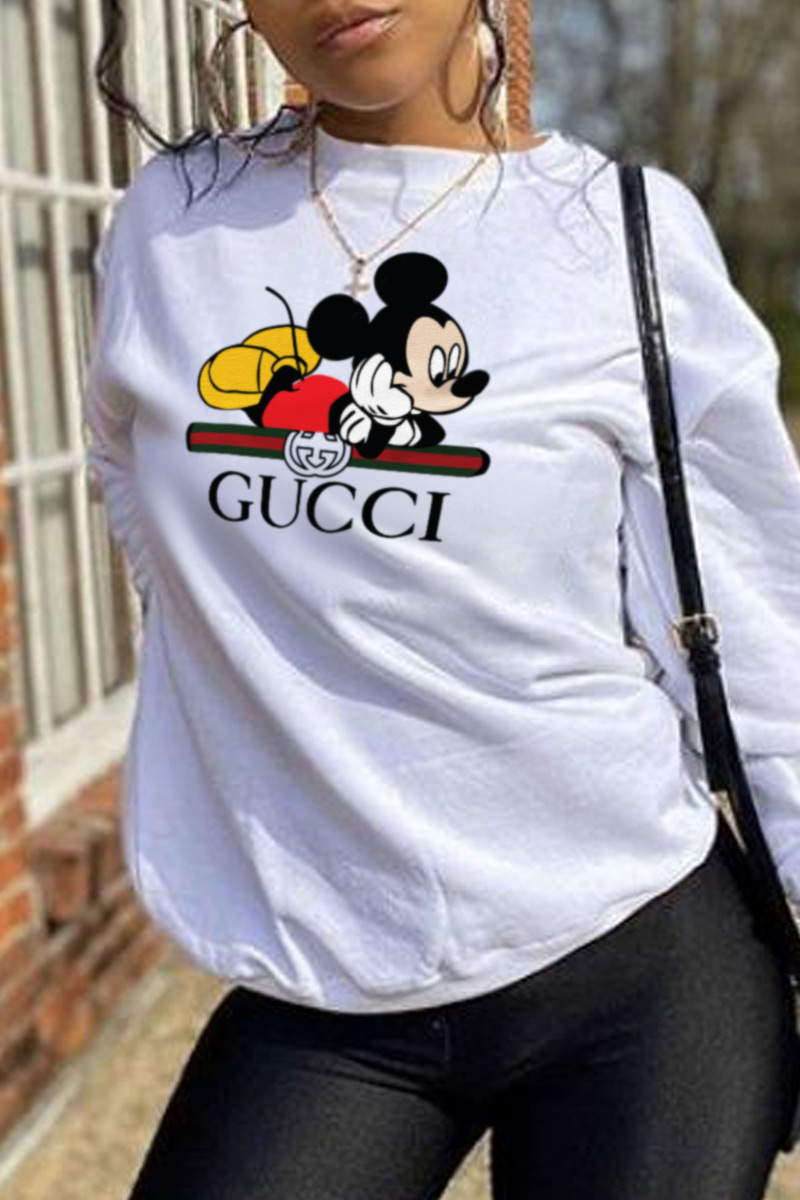 

White Casual Daily Print Split Joint O Neck Tops