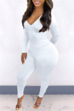 White Fashion Casual Solid Backless V Neck Skinny Jumpsuits