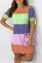 Colour Fashion Casual Striped Print Basic Off the Shoulder Short Sleeve Dress