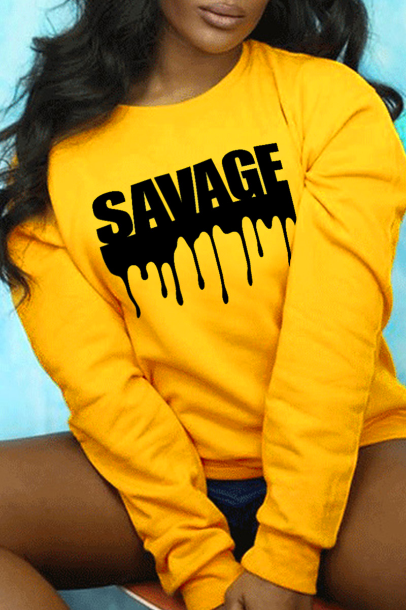 

Yellow Casual Daily Print Split Joint Letter O Neck Tops