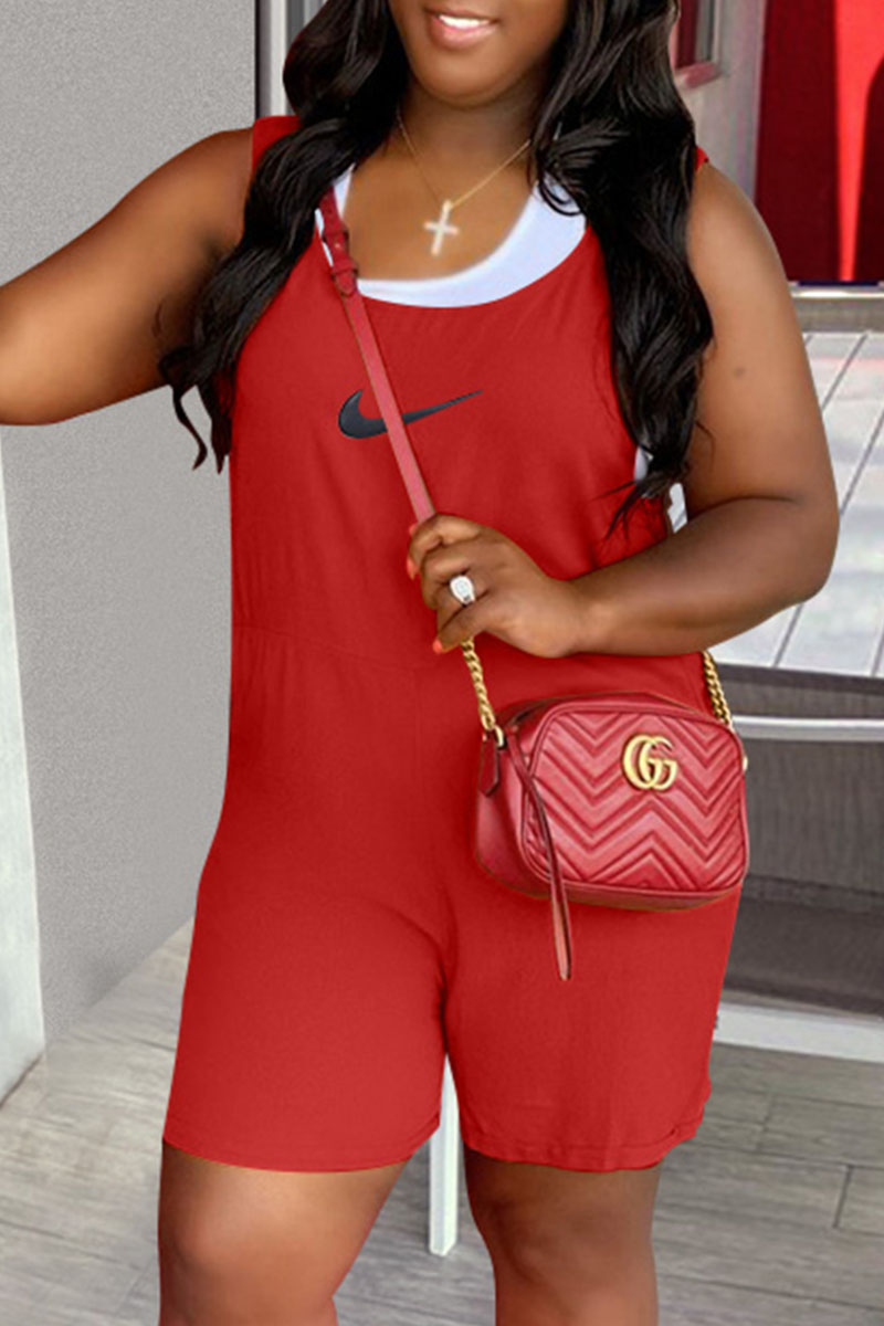 

Red Fashion Street Print Split Joint U Neck Loose Jumpsuits